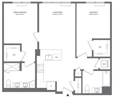 Floor plan for 2 beds, 2 baths, 1036 sqft